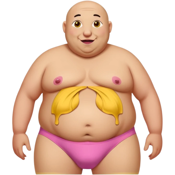 Old really fat and bald. This huge belly and really round pink nipples. has big ears and 2 long beaver like big yellow brown buck teeth. he has white saggy underwear with holes and yellow pee stains in front of underwear.   emoji