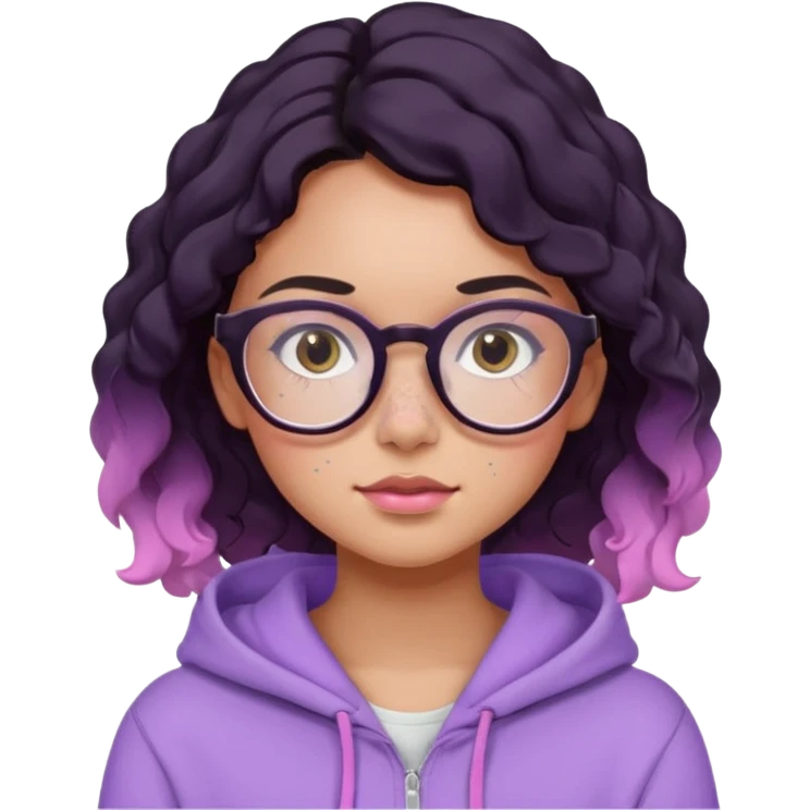 emoji of a woman, slighty tanned skin, cute freckles, pink cheeks, wavy black hair, big frame glasses and cute eyes, wearing a lilac hoodie  emoji