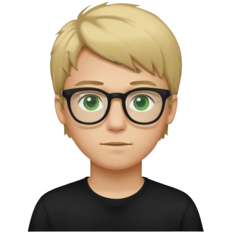 Generate me a profile picture like with a teenage boy who has dirty blond hair, green eyes, glasses and a black t-shirt emoji