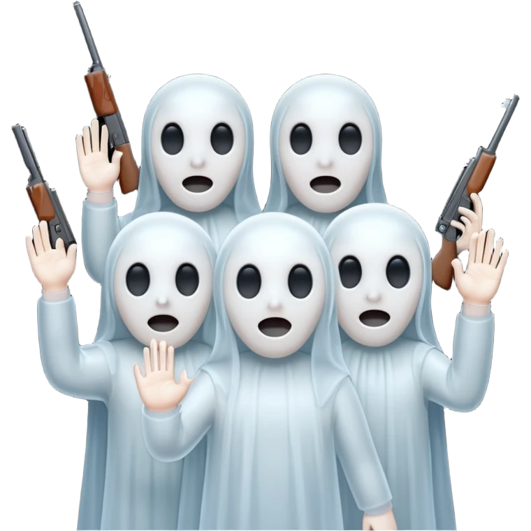 Fantasmas con un fusil y haciendo hola y chao con la manos emoji