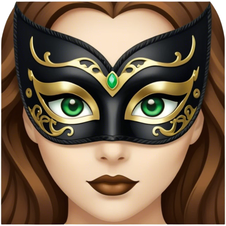 Greeneyed Woman with long brown hair wearing Black venetian mask emoji