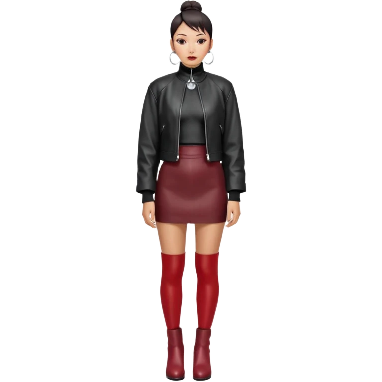 Full-body shot of an East Asian woman with a low sleek bun. Oversized black leather jacket that reaches the hips, black turtleneck, silver orb necklace. Red leather mini skirt, burgundy tights, and red long boots. Clean, fashion-editorial look. emoji
