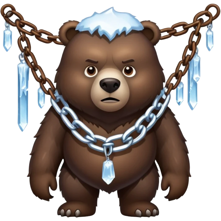 Intimidating dark brown bear on four legs with heavy ice chain around neck, frozen chain links with icicles, serious expression emoji
