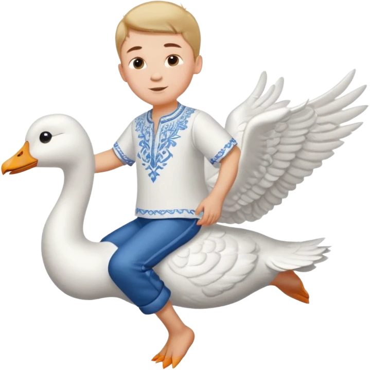 A boy in a Ukrainian white embroidered shirt flies on a white goose emoji