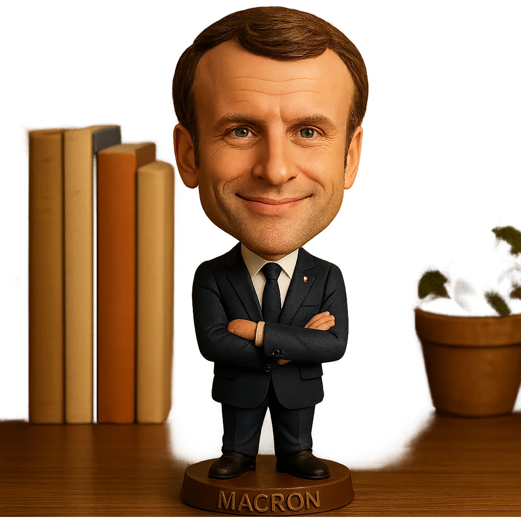 bobblehead style figure of Emmanuel Macron, French president, suit and tie, oversized head, confident smile emoji
