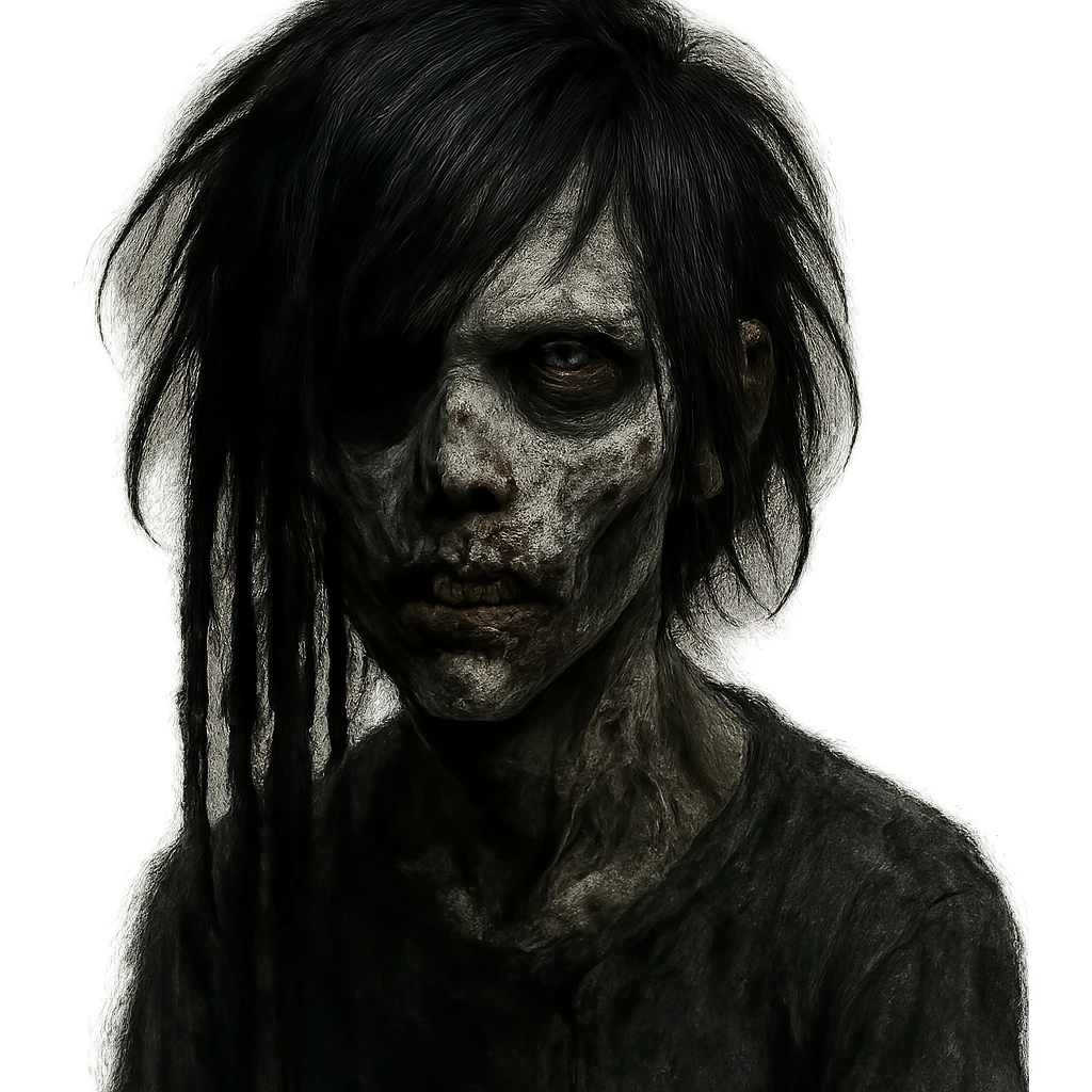 boy zombie with black medium-long emo hair with dreads, dark and spooky, creepy face emoji