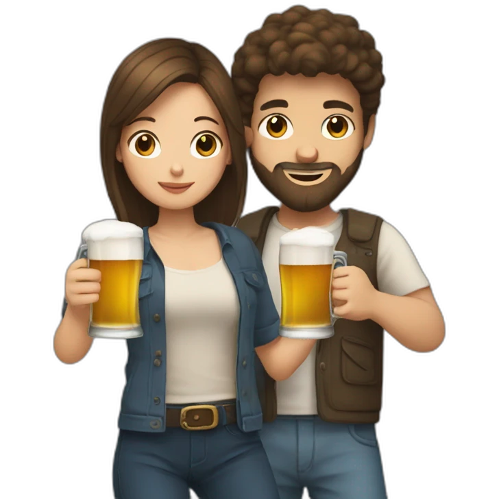young girl with short brown hair in a relationship with a young man with a beard drinking beers emoji