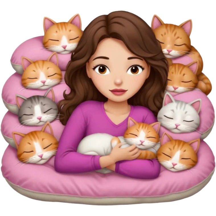 girl with long wavy brown hair, brown eyes, long lashes makeup, sexy pink lips, light to medium complexion,  sleeping on a cozy pillow, with 6 cats, sleeping emoji