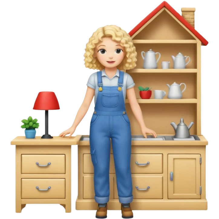 blonde curly woman arranging furniture in doll house with overalls emoji