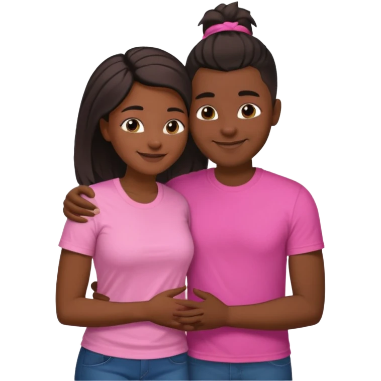 Black lesbian couple with one dark skin masculine with short hair low cut fade with a t shirt and one feminine with very long hair in a pink blouse hugging  emoji