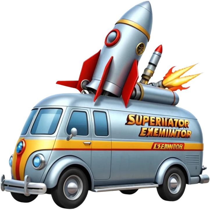 Heroic SuperBug hot rod Ron’s exterminator superminator antique rocket-powered tall robot transit van (motto: bug out rocket Bombing creepy bugs is fun) emoji
