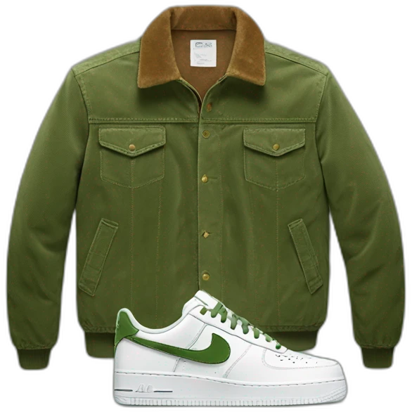 Set with white nike air force one shoes, brown corduroy pants and a green corduroy jacket emoji