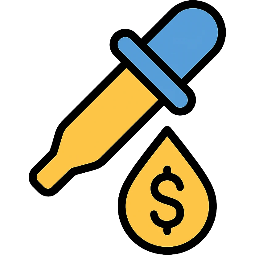 colored icon of a pipette with a golden drop, dollar sign inside the drop emoji