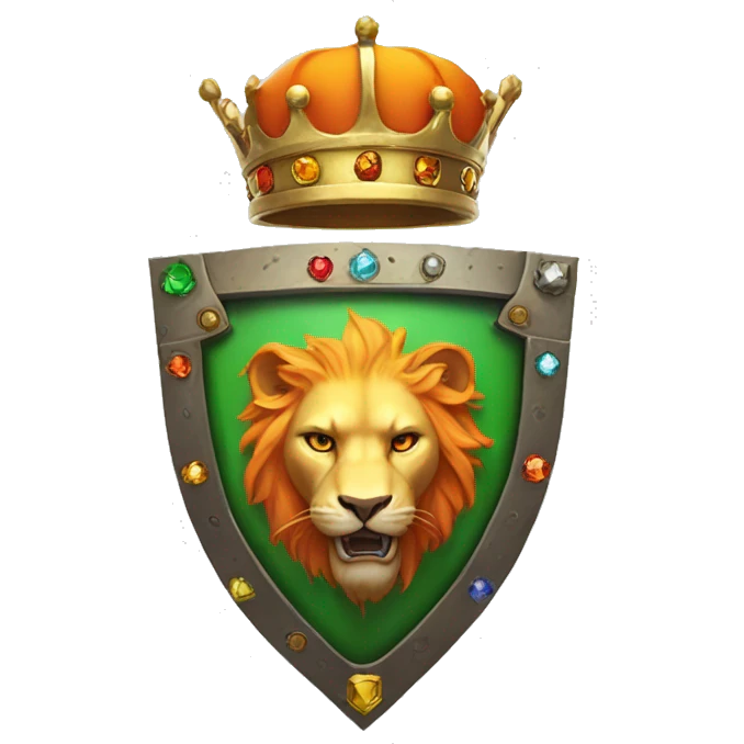 Flag: white left, orange right. Center: shield in the flag with golden crown, colorful gems. Creature in the shield: lion upper, brown; dragon lower, green scales. emoji