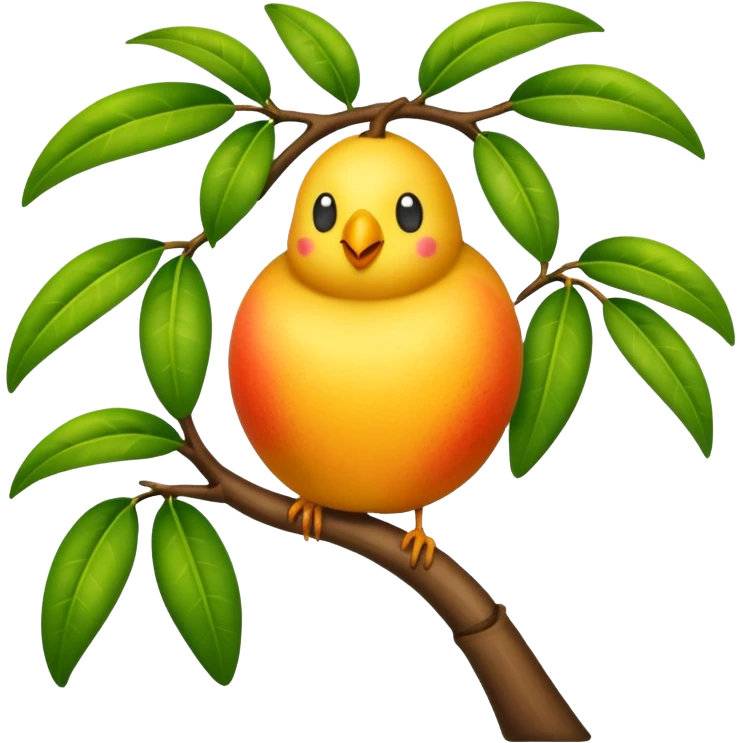 a house on a mango tree branch with a small bird inside, green leaves, emoji style emoji