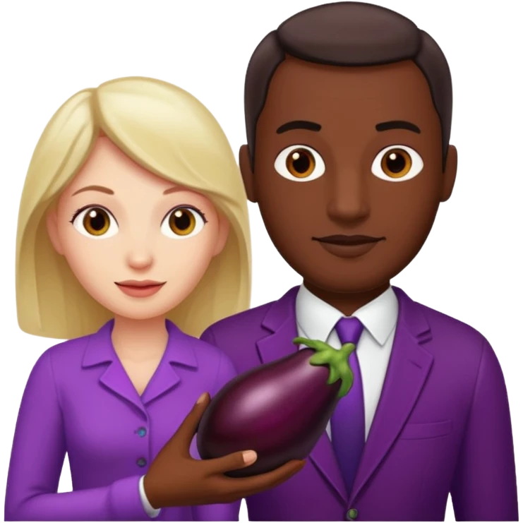 A white woman next to a dark man holding an aubergine in front the mans crotch area emoji