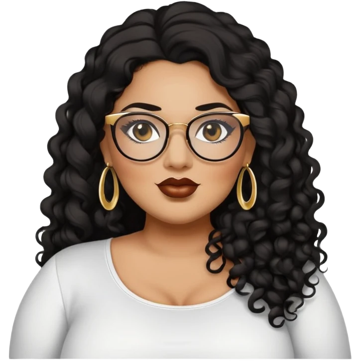 big plus size, darker tan skin, long black curly hair, baddie,pretty, makeup, lipliner, black eyeliner, long hair, gold earrings, white top, glasses emoji