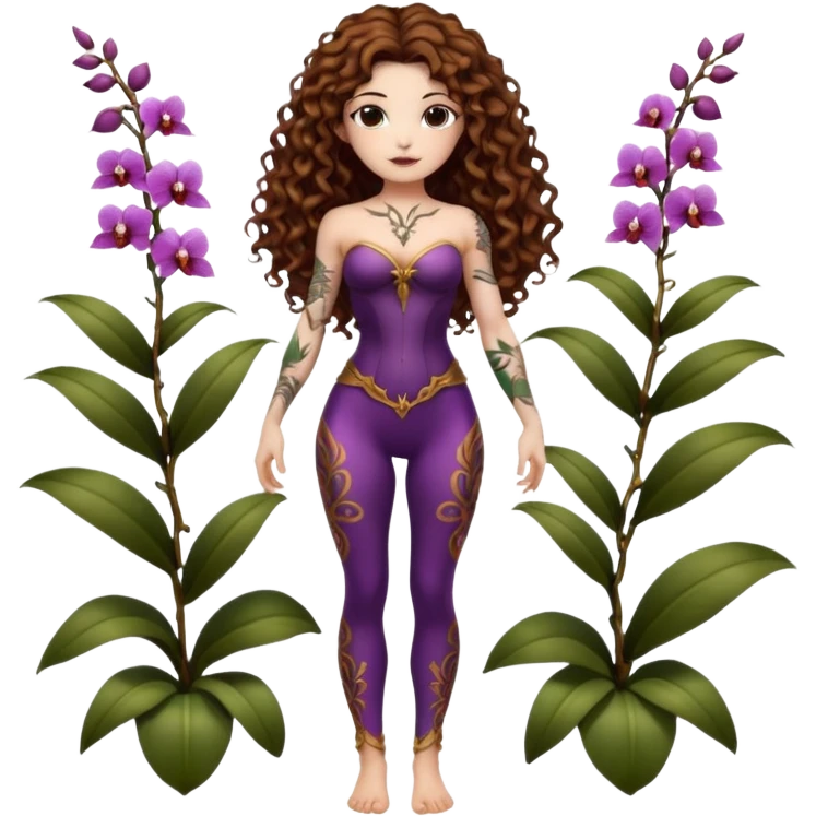 full body woman long curly brown hair brown eyes white skin tattoos muscular build orchid fairy bodice and vine leggings emoji