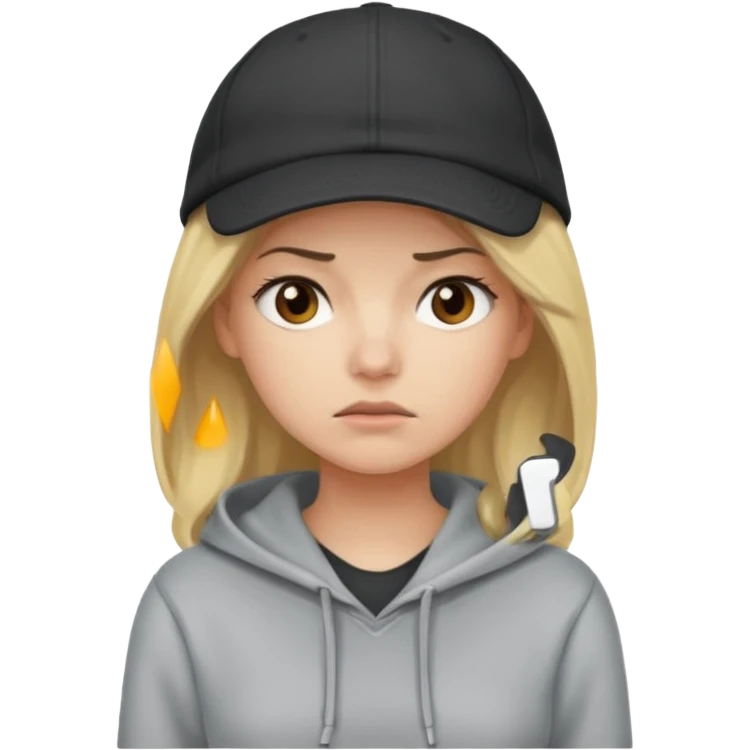 Blonde female tech developer going back to work after christmas holidays, looking tired and wearing a hoodie and cap emoji