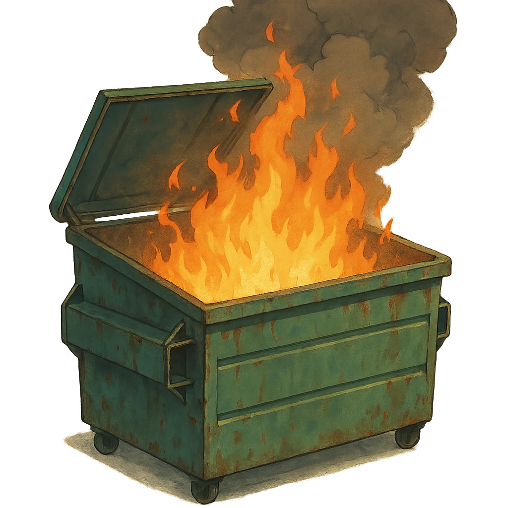 a dumpster, no lid, the lid is open, on fire emoji