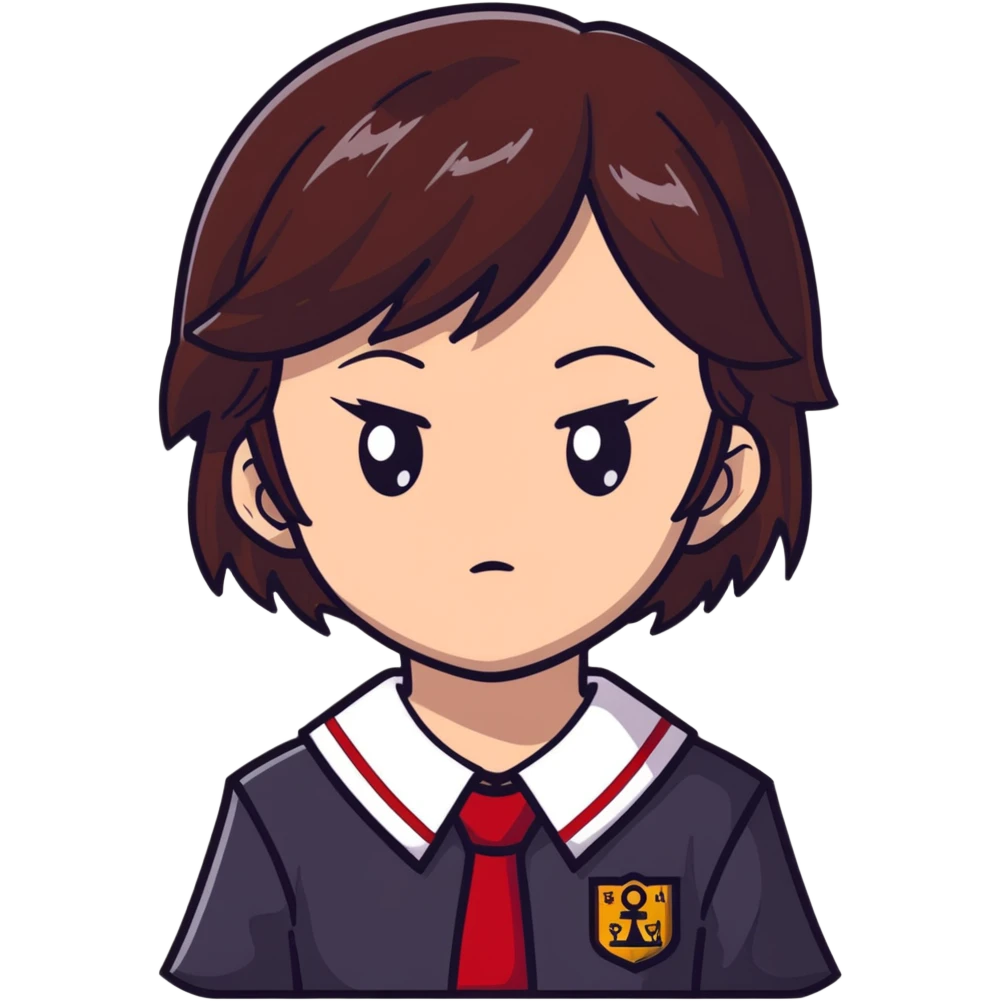 Ayanokoji with cold, expressionless face, sharp brown eyes, dark brown hair, red school uniform, serious vibe emoji