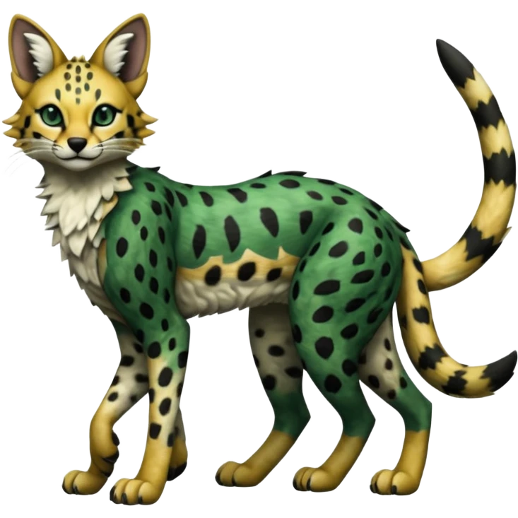 Epic complex detailed dark-hunter-green, black, realistic aesthetic-scenic-Fakémon-Sprigatito-Floragato-Meowscarada-Trico-Sergal-Serval-Vernid-creature (full body) emoji