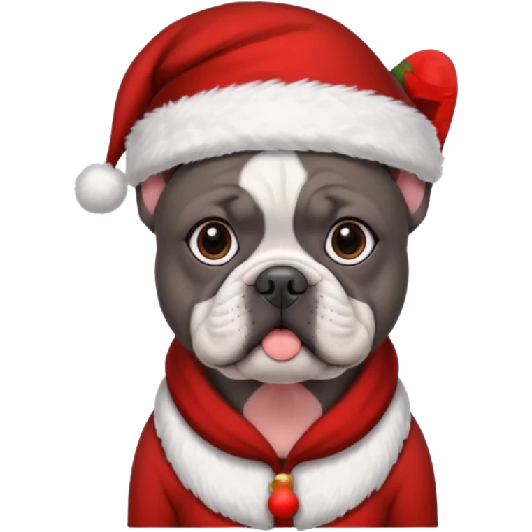 brunette woman with a dark grey French bulldog both wearing Santa emoji
