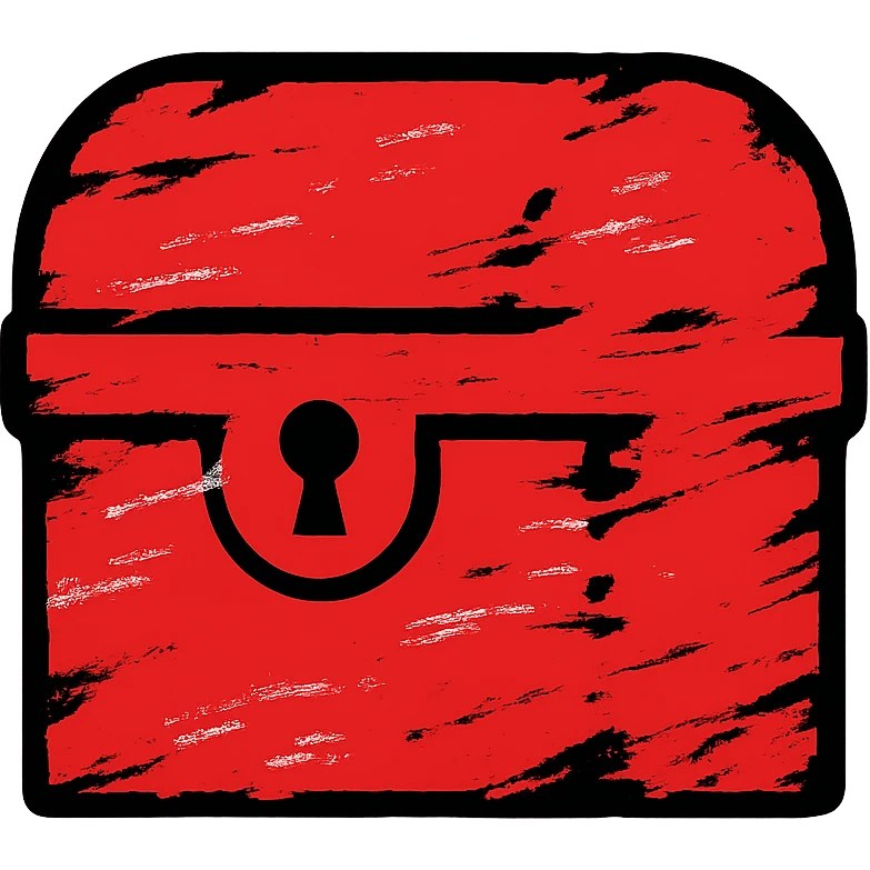 an all-red treasure chest icon that appears partially erased and smudged, as if a paint brush had deliberately removed sections, with brush stroke weathering and uneven edges, giving it a heavily distressed appearance, only red colors emoji
