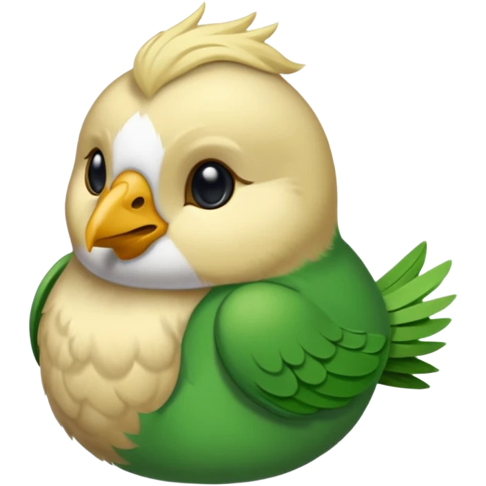 un oiseau classique de profil tout vert même sa tête  et un seul poil blond qui fait une petite bouclette sur le front avec le collier argenté avec des ronds attachés au collier est autour du coup de l’oiseau entre la tête et le corps emoji