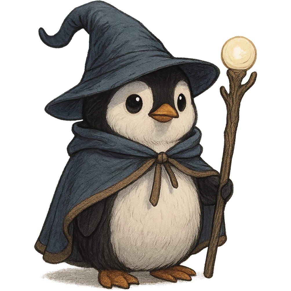 a penguin dressed as a wizard, with a pointy hat and a magic staff, cute, detailed character illustration emoji