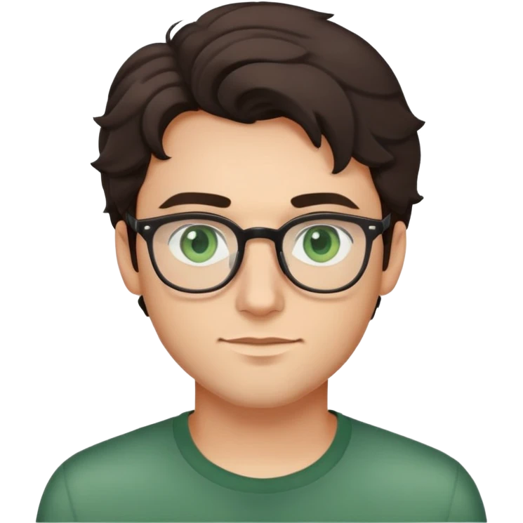 young man with dark slightly curled hair wearing glasses with green eyes and very light stubble, minimal facial hair emoji