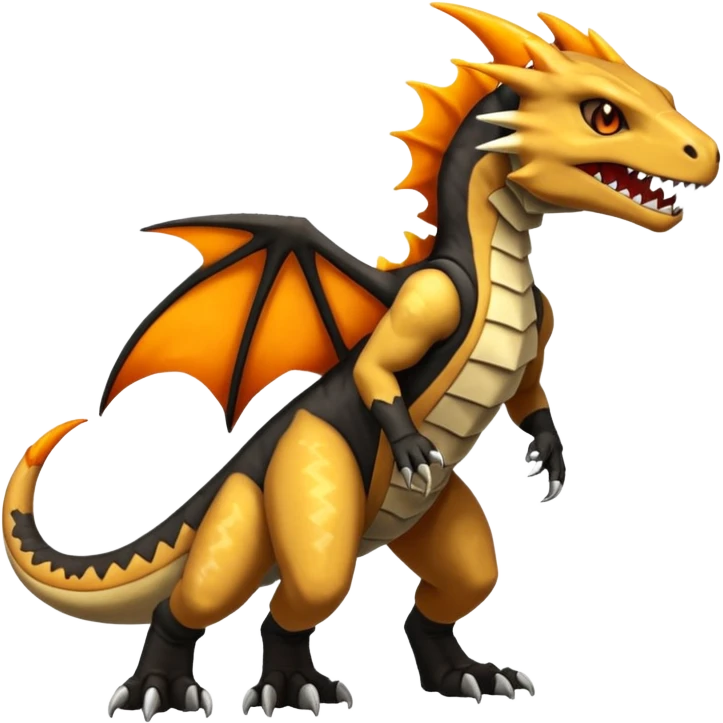 Magmatic fiery badass cool obsidian-Black and golden-orange Helioptile-Marowak-Charmeleon-Fakémon-hybrid-creature (full body)  emoji