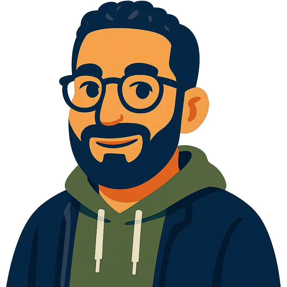 Make the icon look like the person in the reference photo: round glasses, short curly dark hair, full dark beard, olive hoodie, friendly expression in vibrant toon style. Keep transparent background. emoji