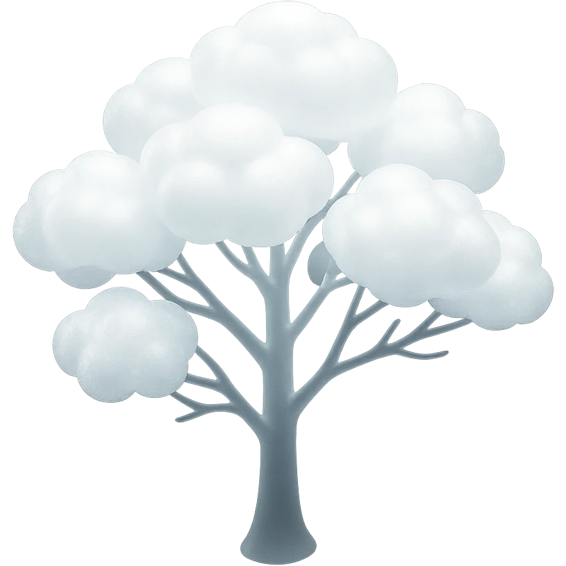 one tree with many branches and a white trunk, crown made of small very bright white fluffy convex clouds, matte glass style emoji