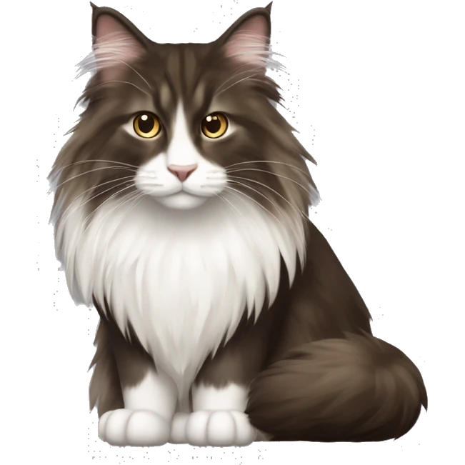 Norwegian forest cat with brown very dark long fur and white neck fur and white nose  emoji