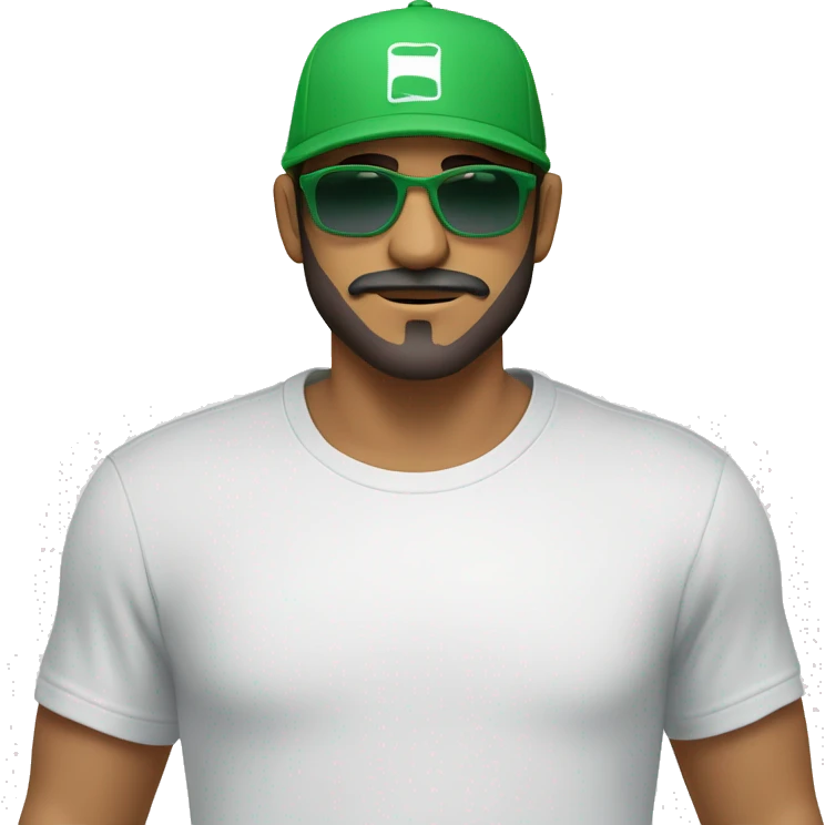 reate a young mixed-race man with a beard and moustache wearing an all-green cap and a white T-shirt. Add the supreme brand logo on the cap, brown eyes and a pair of sunglasses with blue glasses emoji