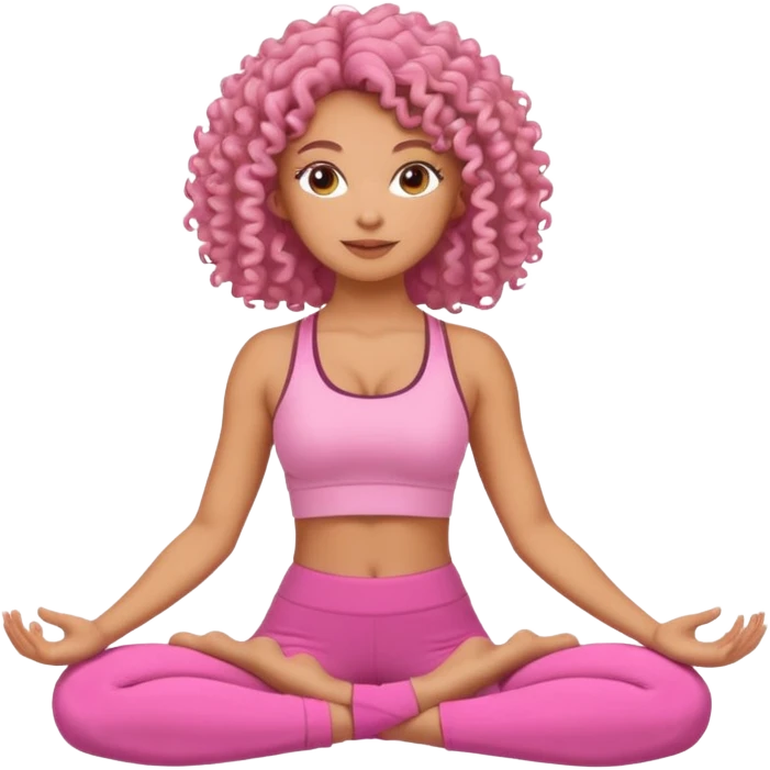 Uma mulher de cabelo cacheado, usando roupa de yoga rosa, em uma posição de yoga bonitinha emoji