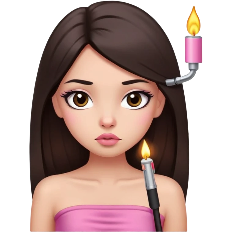 girl with lighter skin, dark brown long straight hair, pouty shiny lips without cupid's bow, large eyes, lighter button nose, long oval-shaped face, wearing a pink bandeau top with straight neckline emoji