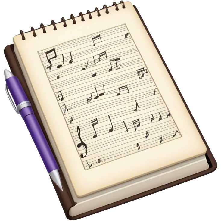 Create an emoji representing songwriting. The design should feature an open notebook or sheet music with visible lyrics and musical notes, symbolizing the process of writing song lyrics. A single pen or pencil should be placed near the notebook, indicating active writing. Use a harmonious color palette with warm and neutral tones. Do not include any emojis or smiley faces. Make the background transparent. emoji