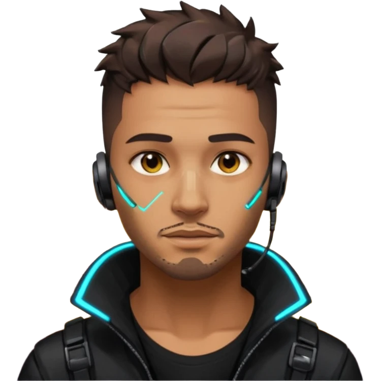Cyberpunk street adult, hispanic, male, messy undercut, glowing earpiece, light stubble, brown eyes, neon reflections, headshot emoji