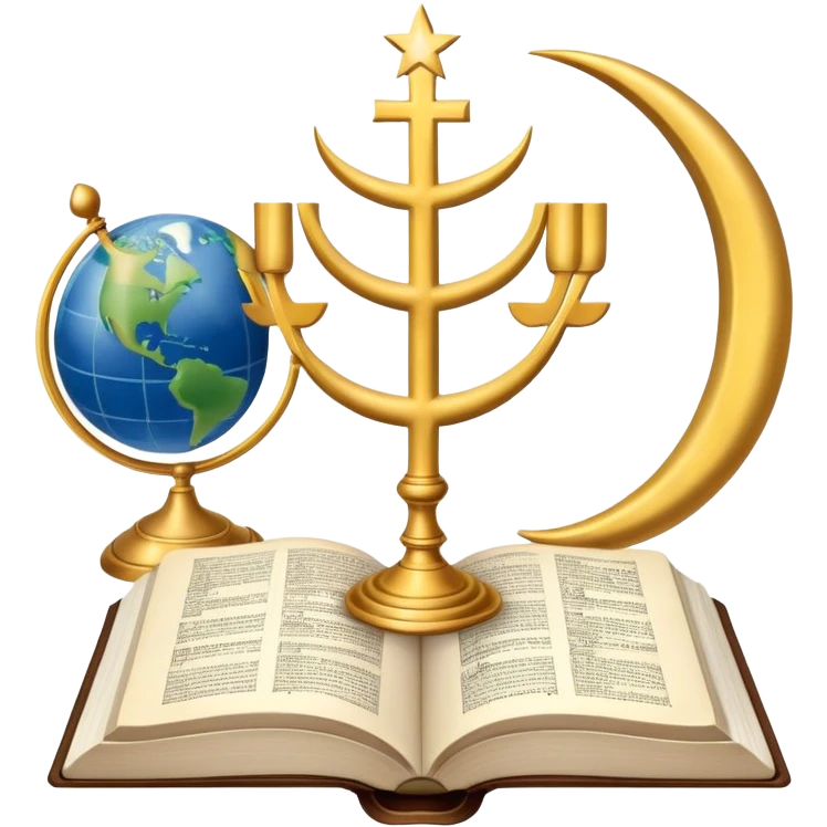 An icon featuring a Holy Bible, The Quran, Tara and the menorah, The Orthodox cross, a crescent moon, symbolizing the study of religions. The design includes diverse religious symbols and a globe, representing global beliefs and spiritual practices. Transparent background. emoji