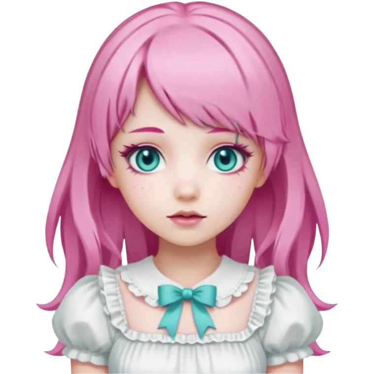 sweet lolita with pink hair, teal eyes, white skin, wearing a white dress emoji