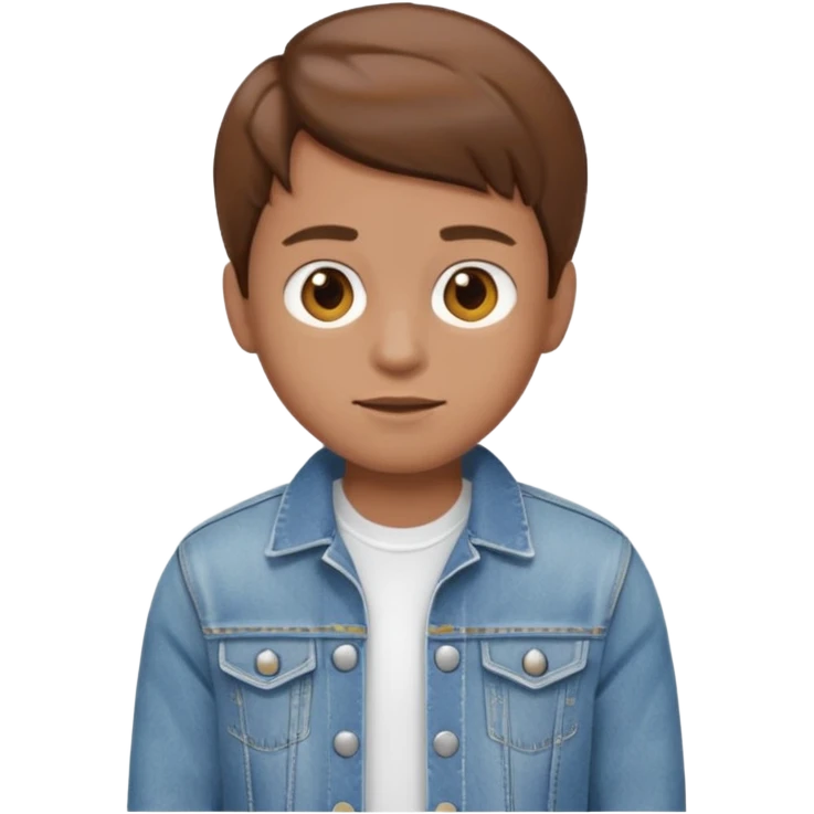 Create me an Ai emoji boy with brown hair, brown eyes, light brown skin wearing a white t-shirt and denim jacket emoji
