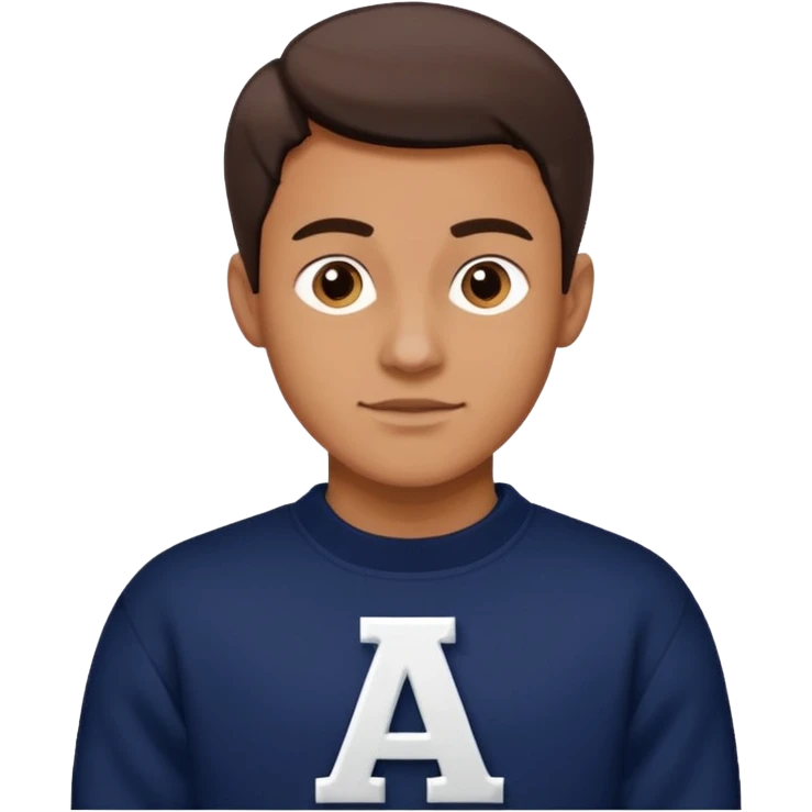 man wearing a dark navy sweater with a giant white letter A on the upper right of the chest in collegiate font emoji