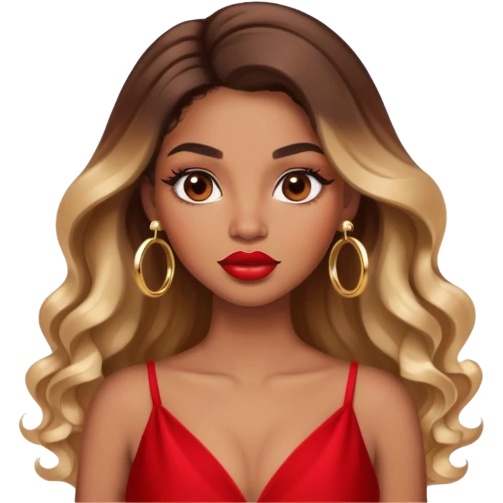 light brown skin tone, very beautiful woman, with big plump lips, long long lashes, ombre wavy long hair, brown eyes, red dress, gold hoop earrings emoji