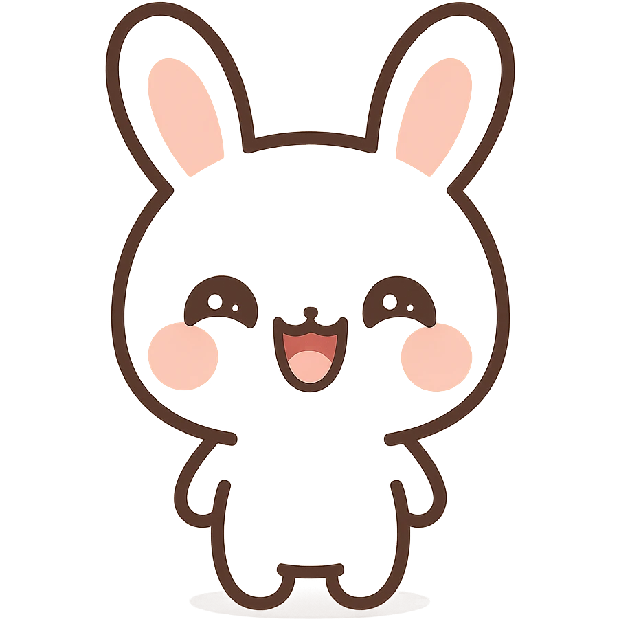 chibi kawaii bunny, white with soft pink cheeks, big upright ears, pink inside, crescent eyes, open laughing mouth, minimalist, clean lines, centered, flat color palette, thick outlines, vector style, simplified shading, high-contrast, sticker-ready emoji