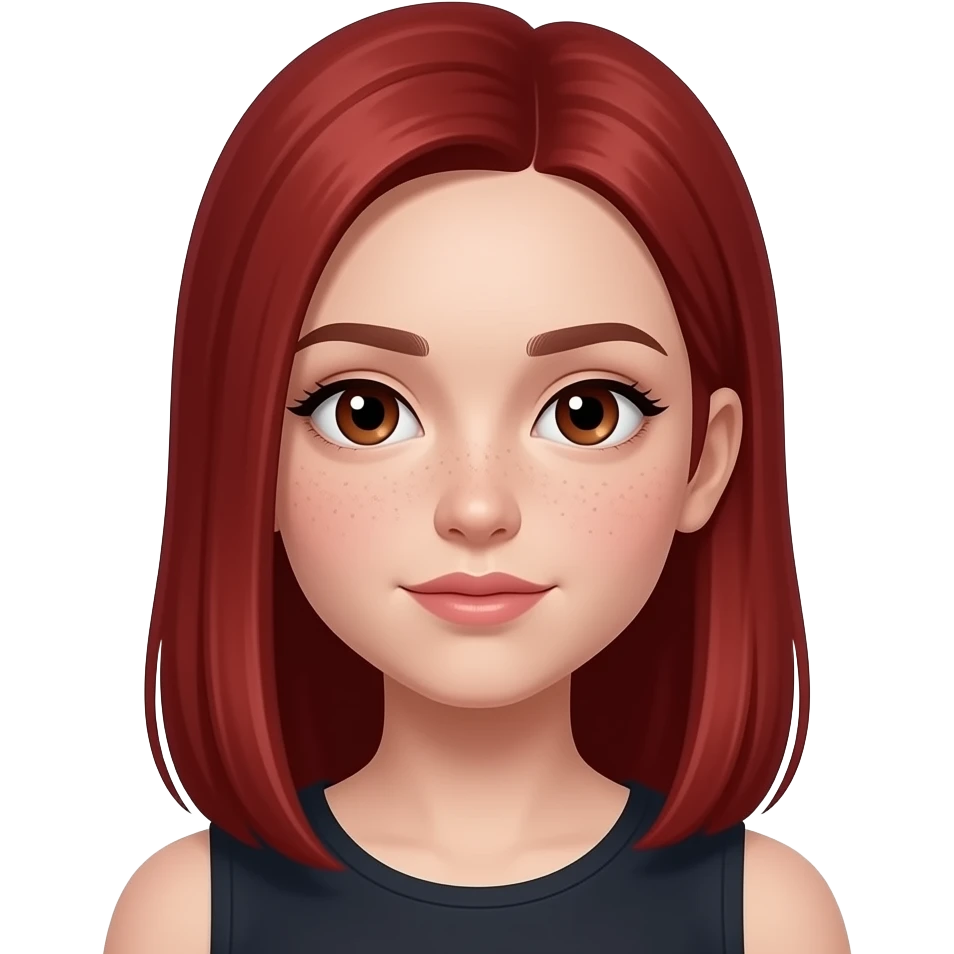 Perçemli düz saçlı saçı orta boy kızıl renkte ama koyu bi kızıl çilli kahverengi gözlü güzel kirpikli bembeyaz tenli bir kız emoji