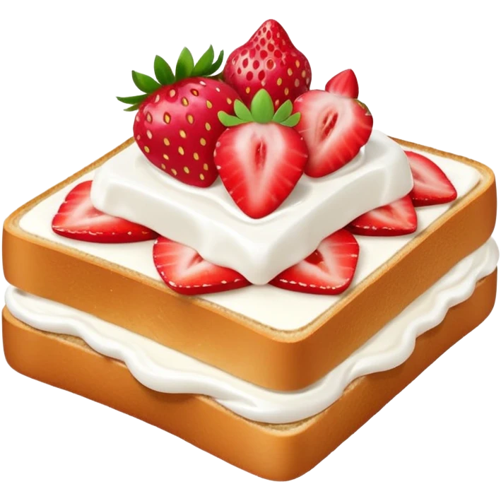 square toast topped with fluffy white cream, decorated with a strawberry bow made from two strawberry halves and a small sliced center, bright red and glossy emoji