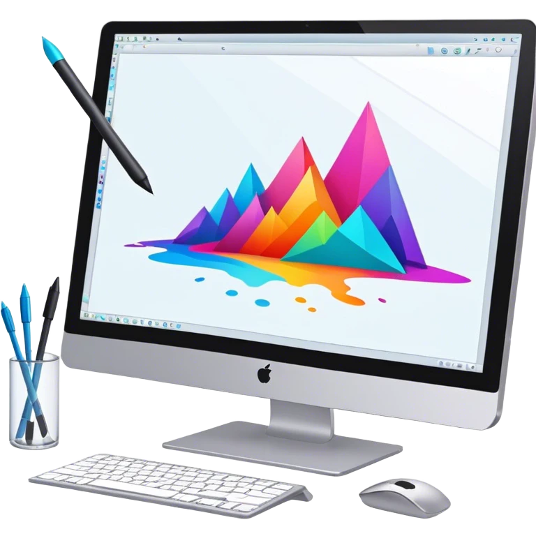 Computer graphics icon, large monitor with graphic design software open, graphic tablet, stylus, vibrant colors, minimalistic style, clean lines, transparent background. emoji