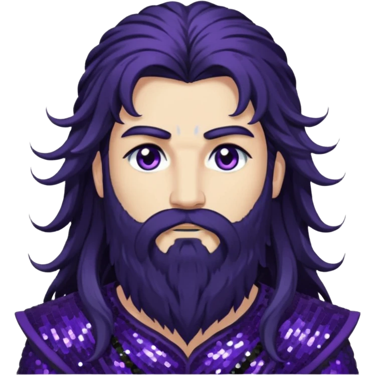 Boreas, God of North Wind from Gods and Goddesses with long black shaggy hair and beard, dark purple sequin outfit emoji